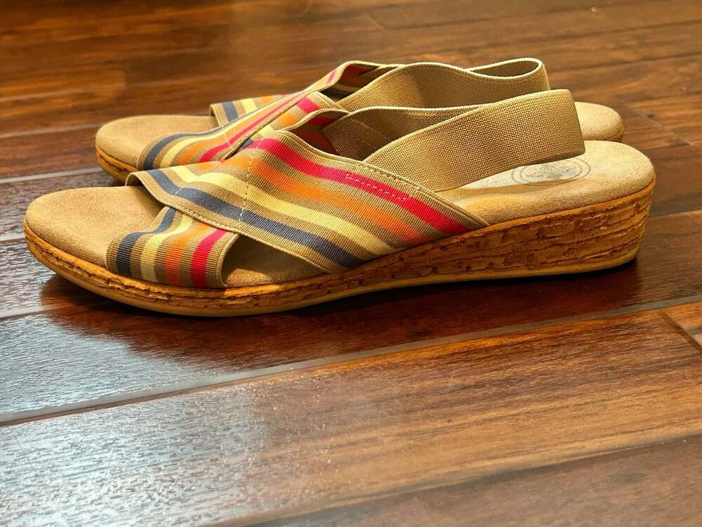 Charleston Shoe Co. Atlantic Stripe Elastic Cross-Strap Wedge Sandals Resort - Picture 2 of 15